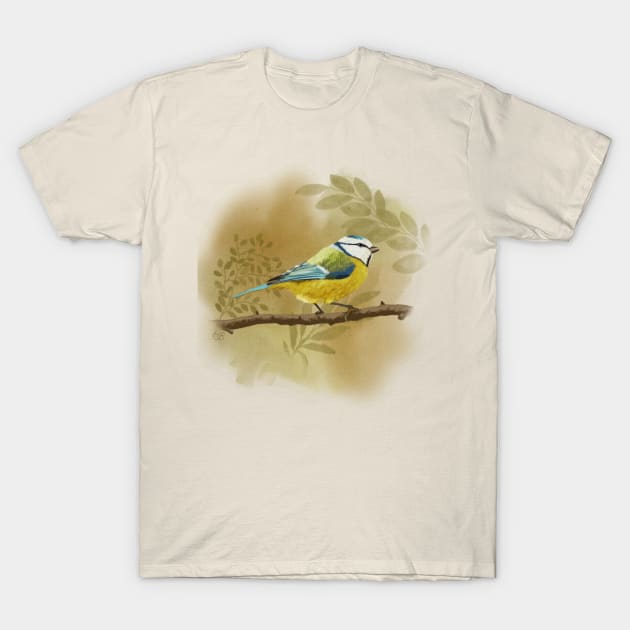 Blue Tit Soft Pastel Drawing on Yellow Ochre T-Shirt by creativebakergb